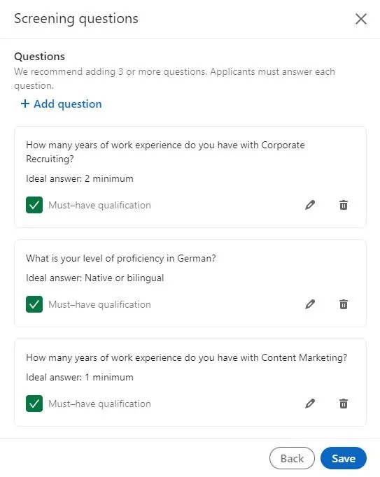 Bei Stellenanzeigen auf LinkedIn Screening-Fragen hinzufügen