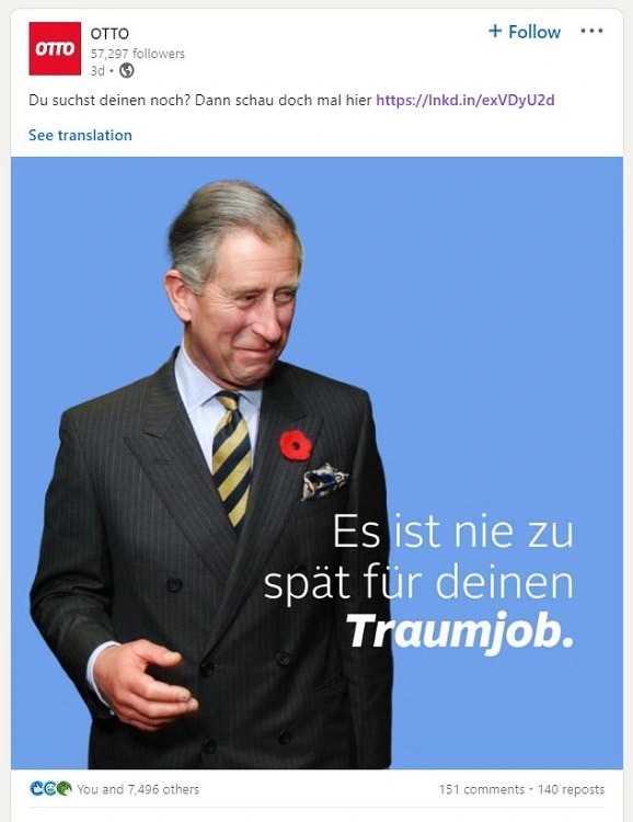 Screenshot von einem Post von Otto: Social Media Recruiting mit dem Thema König Charles.