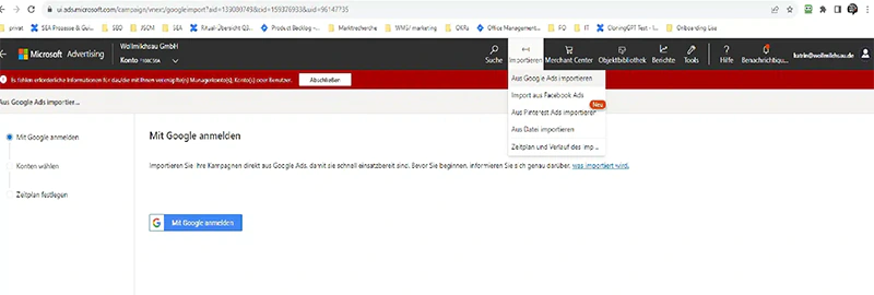 Microsoft Ads - Import aus Google